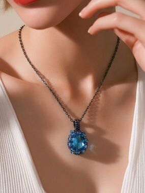 BLUE oval Crystal bezeled pendant necklace‎ Antique bronze Handmade by OilNana